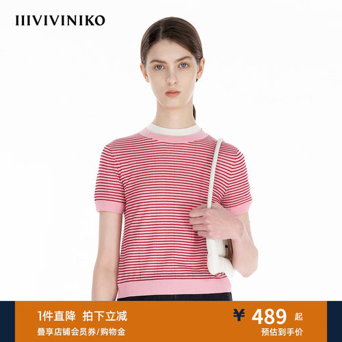 IIIVIVINIKO夏季新款休闲廓形细条纹针织套头衫R520102603C
