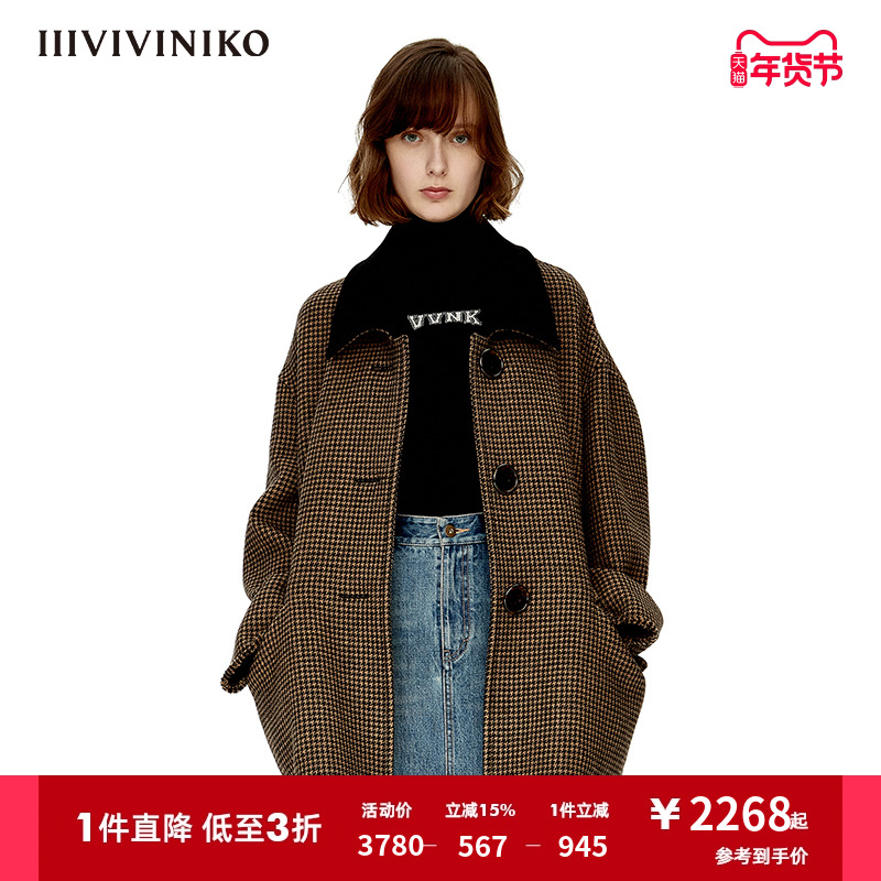 IIIVIVINIKO设计师品牌秋冬新品千鸟格毛呢大衣外套女M239031184C