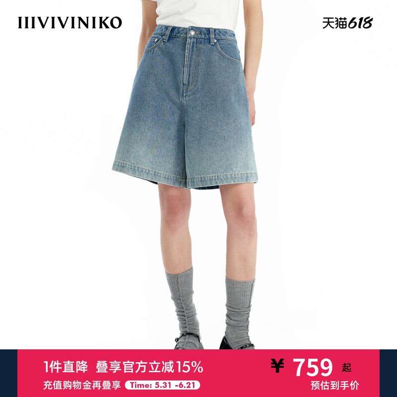 IIIVIVINIKO秋季新款复古五分渐变牛仔短裤子女C431829220A