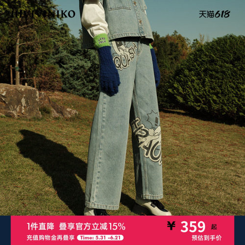 IIIVIVINIKO直筒牛仔裤复古印花