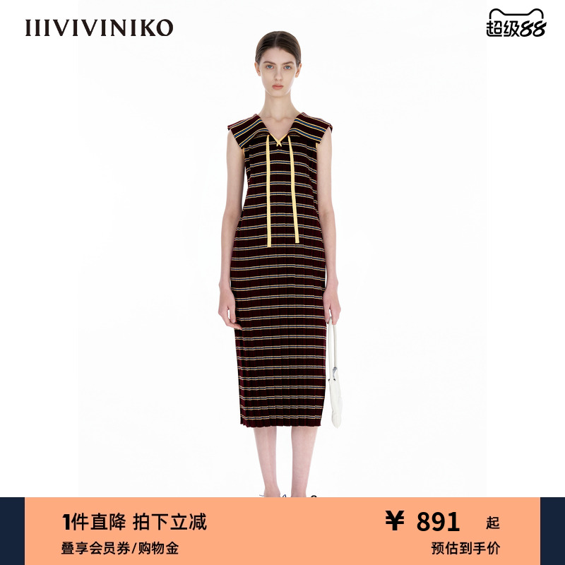 IIIVIVINIKO2025夏新款大翻领渐变条纹针织连衣裙女R521105627D