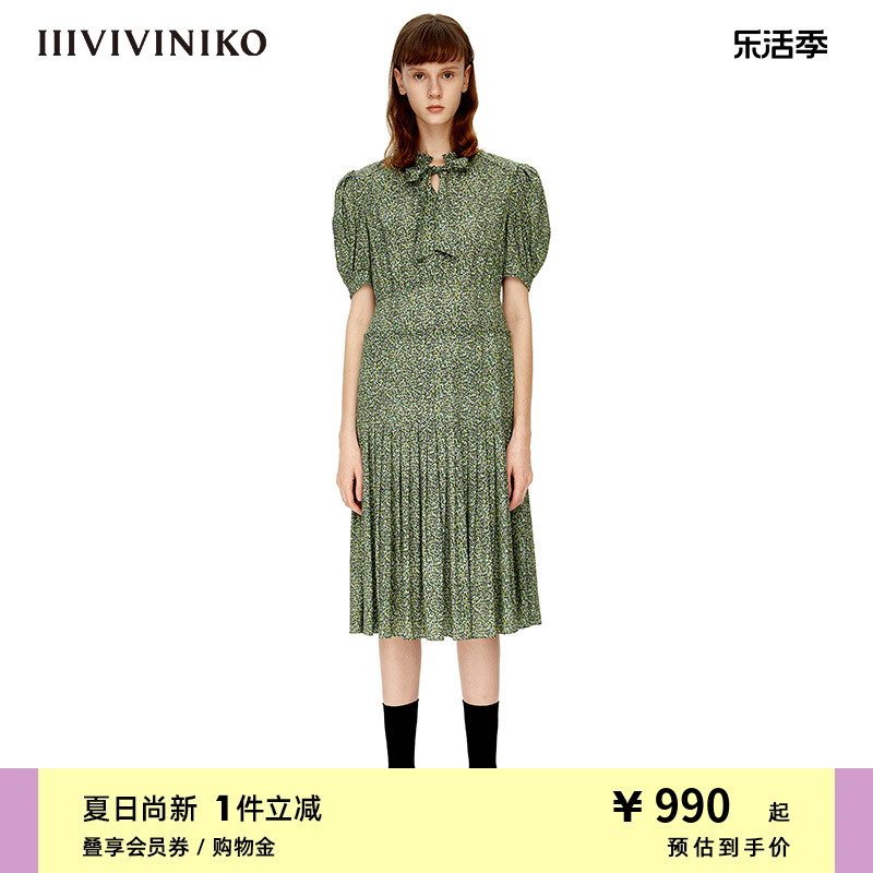 IIIVIVINIKO复古印花百褶连衣裙