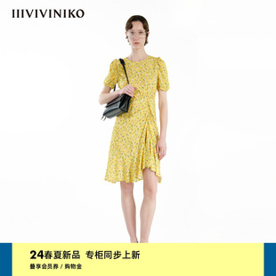 抓褶碎花连衣裙子女 限定古典花型 新款 IIIVIVINIKO2024夏季