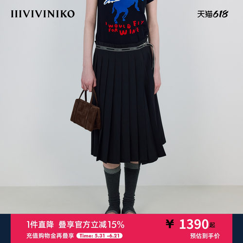 IIIVIVINIKO秋季新款气质Logo饰带百褶A长裙女M530703140A