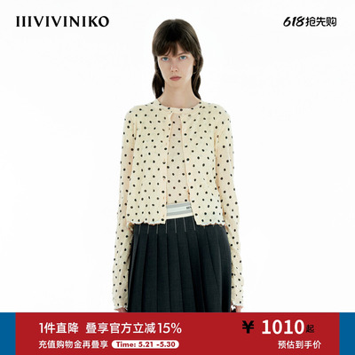 IIIVIVINIKO2025夏新款淡人休闲褶皱波点圆领开衫女M520240661D
