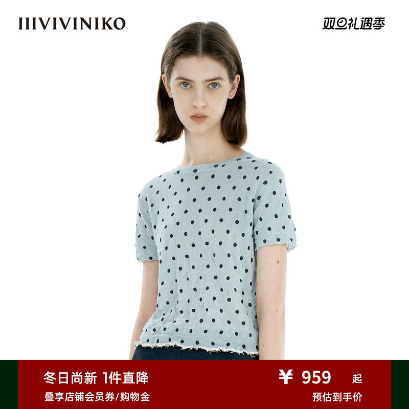 IIIVIVINIKO2025夏新款淡人休闲褶皱波点圆领短袖女M520140661D