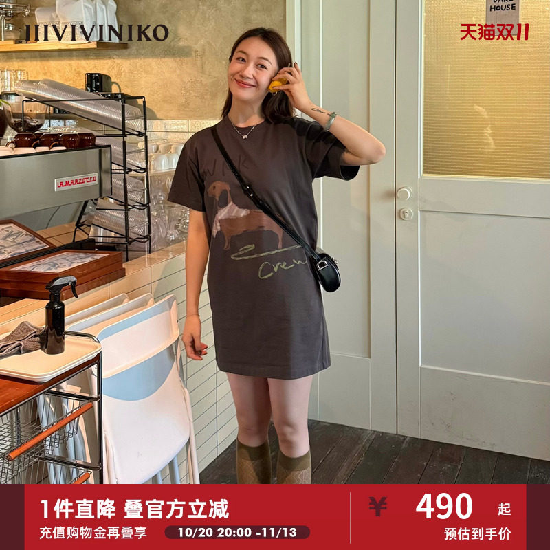 IIIVIVINIKO2026夏季新款宽松印花T恤连衣裙女M620616383E