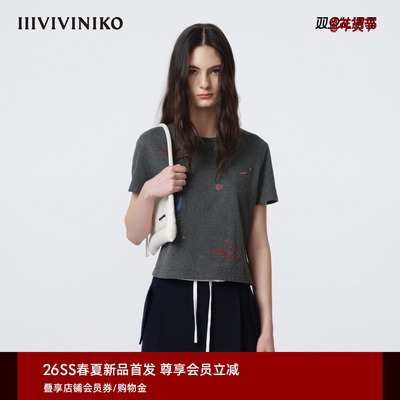 IIIVIVINIKO2026春新款宽松植绒印花方形T恤女M610516370A