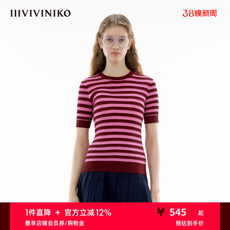【丝光棉】IIIVIVINIKO春季新款细条纹针织短袖T恤女C410129610B