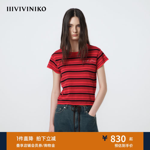 IIIVIVINIKO2026春新款休闲气质收腰条纹正肩T恤女M610173639B