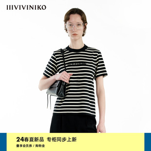 条纹短袖 重工刺绣 T恤女R420580373D 新款 IIIVIVINIKO2024夏季