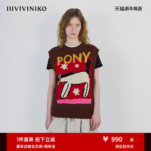复古嵌花针织背心马甲女装 IIIVIVINIKO2025秋新款 美利奴羊毛