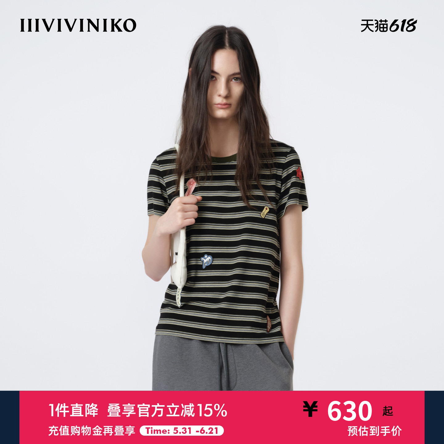 IIIVIVINIKO2026春新款复古休闲圆领条纹短袖T恤女M610507320A