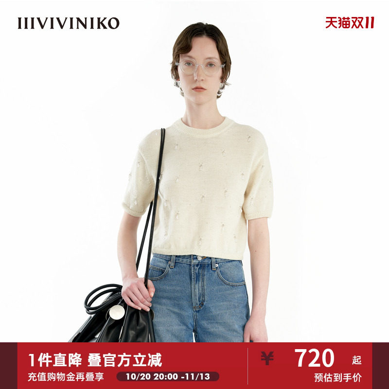 【手工钉珠】IIIVIVINIKO秋季新款羊毛宽松短袖针织套头衫女