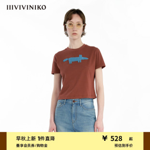 IIIVIVINIKO秋新款 短款 40S精紡棉 印花短袖 T恤女 珠片刺繡