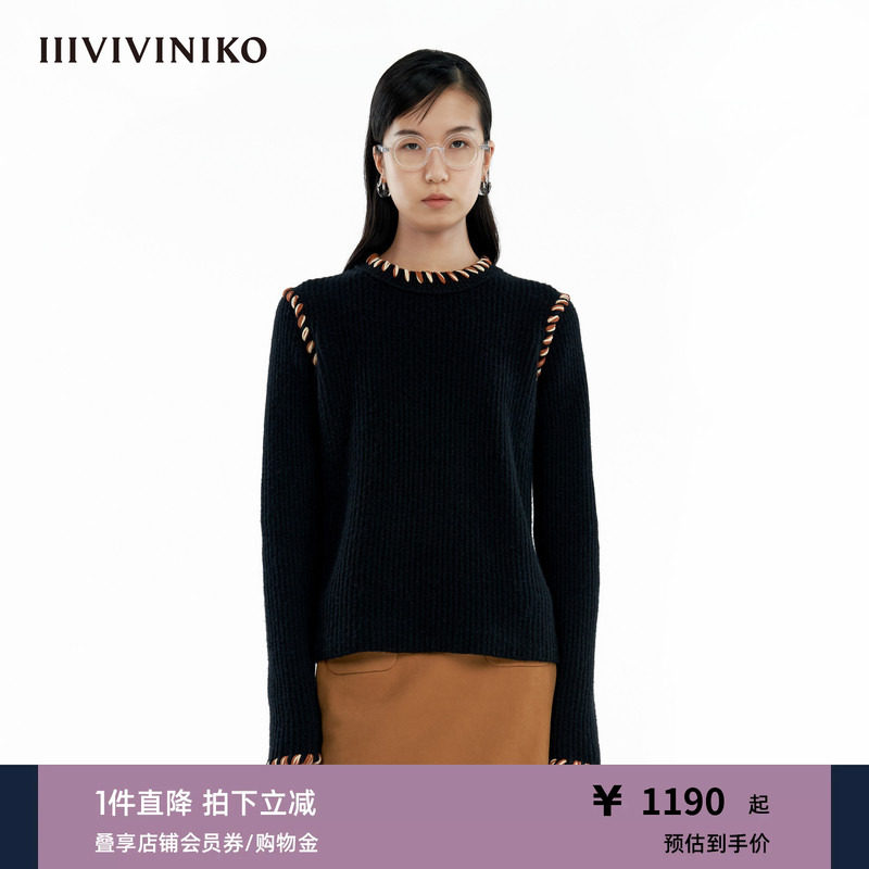 【牦牛毛绵羊毛】IIIVIVINIKO冬季新款竖条圆领针织套头衫女