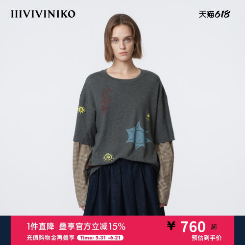 IIIVIVINIKO2026春新款落肩植绒印花刺绣长袖T恤女M610502370A