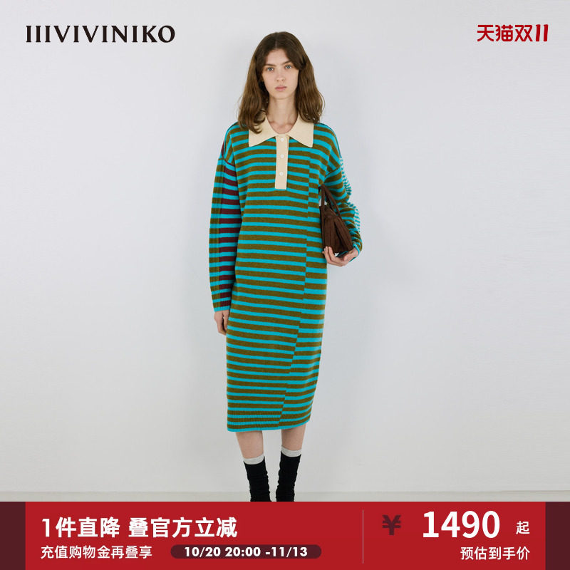 【美丽诺羊毛】IIIVIVINIKO冬新款不对称条纹针织连衣裙女