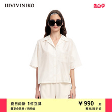 IIIVIVINIKO夏季新品古巴领光泽感缎面宽松短袖衬衫女M320433165D