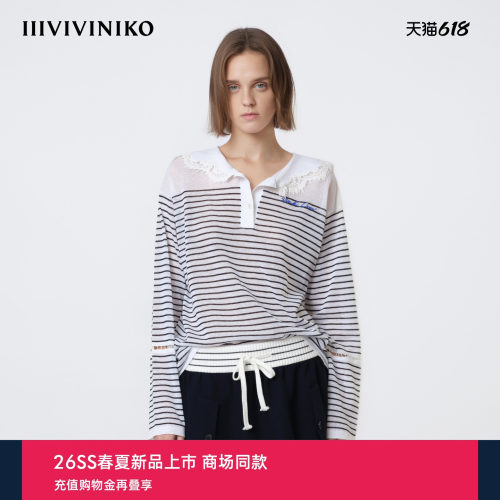 IIIVIVINIKO2026夏季新款休闲蕾丝海军领条纹T恤女M620158644E