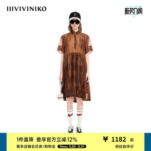 短袖 IIIVIVINIKO夏季 式 欧根纱衬衫 压褶连衣裙女M320647177D 新品