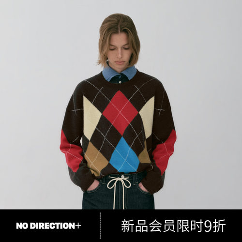 NO DIRECTION+2026秋纯羊毛学院风菱形格短方针织衫N630137603C