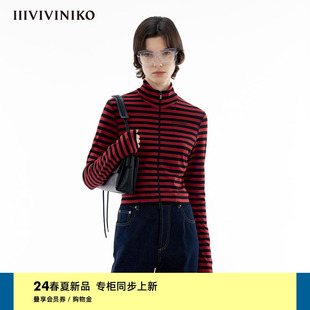 人丝混纺汗布 百搭半高领长袖 新款 IIIVIVINIKO2024夏季 T恤女