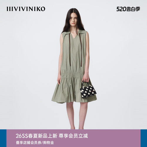 IIIVIVINIKO2026夏季新款系带翻领A字无袖连衣裙女M620632166D