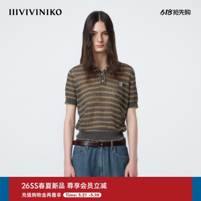 IIIVIVINIKO2026夏季新款宽松镂空撞色Polo短袖女M620182647D