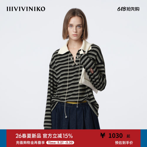 IIIVIVINIKO2026春新款复古系带条纹长袖针织衫女M610506320A