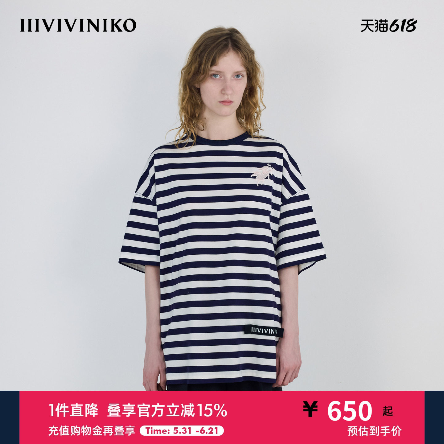 IIIVIVINIKO秋季新款艺术家合作系列条纹刺绣T恤女M530527379A