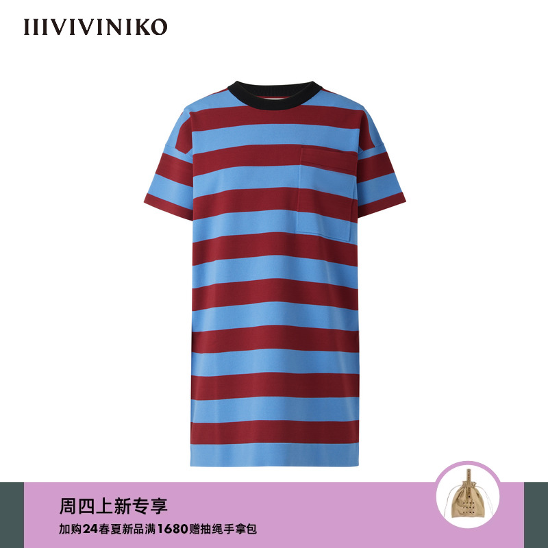 IIIVIVINIKO2024夏季新款休闲H型条纹短袖T恤连衣裙女R421102649C