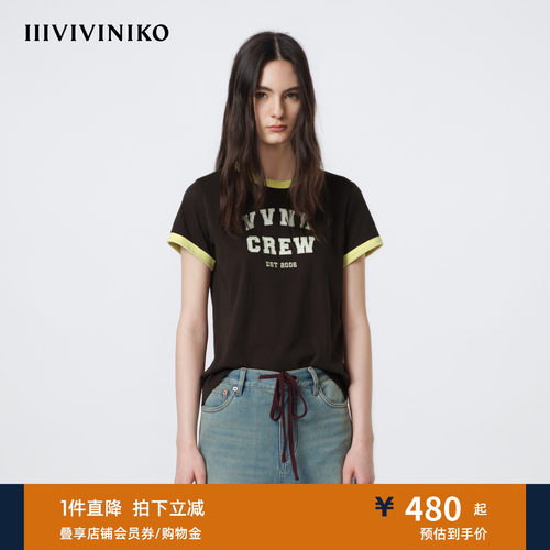 IIIVIVINIKO2026春新款简约学院风字母印花撞色T恤女M610530367A