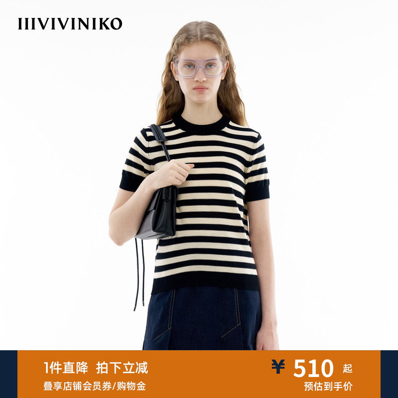 【美利奴羊毛】IIIVIVINIKO夏新款修身条纹短袖针织衫C420123618D