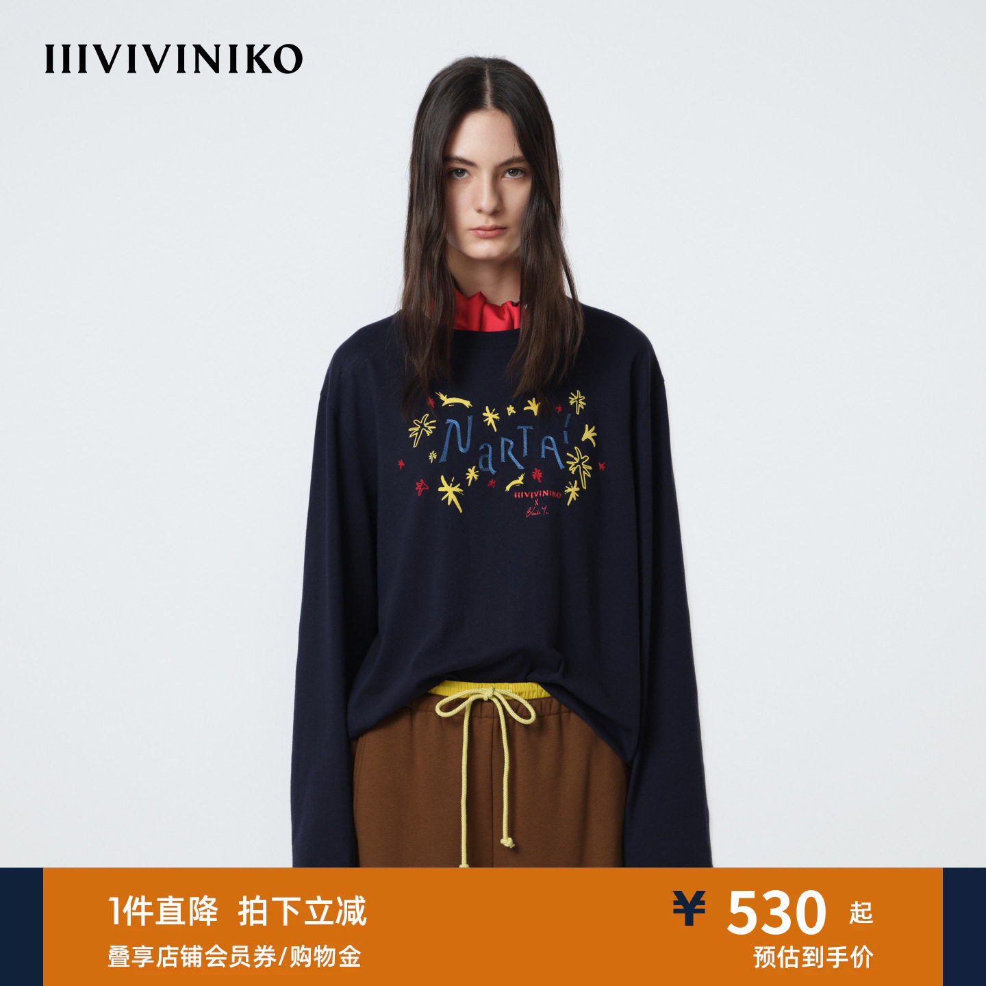 IIIVIVINIKO2026春新款全棉艺术家合作植绒印花T恤女M610501370A图片