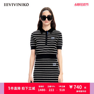 IIIVIVINIKO夏季新品百搭⽴体Polo领短袖条纹针织衫女M323724602E
