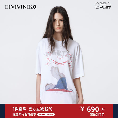 IIIVIVINIKO2026春新款宽松松弛艺术感落肩印花T恤女M610537384B
