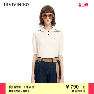 IIIVIVINIKO“软糯精纺羊毛”海军领条纹针织开衫女M310106647A