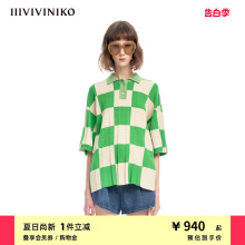 IIIVIVINIKO夏季新品⼤廓形棋盘格全棉纱短袖衬衫女M323725606D