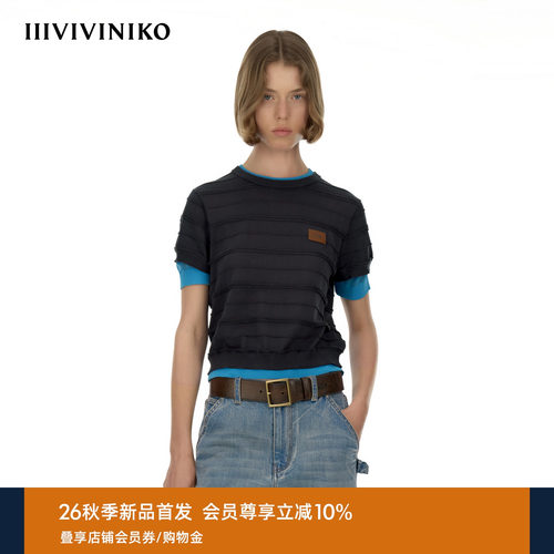 IIIVIVINIKO2026秋季新款复古假两件撞色针织短袖女M630166609A