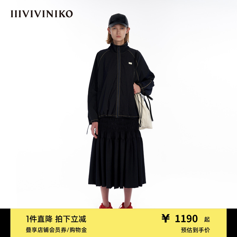 IIIVIVINIKO“微皱细条纹尼龙”宽松拉链运动外套女M334718119B