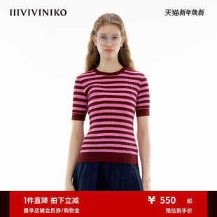 细条纹针织短袖 新款 IIIVIVINIKO春季 T恤女C410129610B 丝光棉