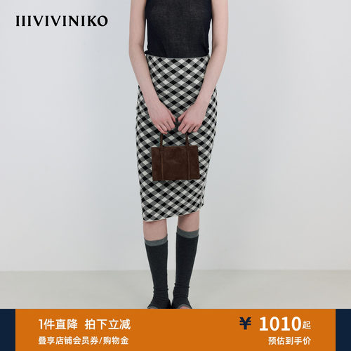 IIIVIVINIKO秋季新款复古时髦立体格纹高腰半身裙女M537002629A
