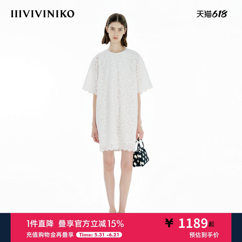 IIIVIVINIKO2025春新款短袖廓形蕾丝衬衫连衣裙女B510617176B