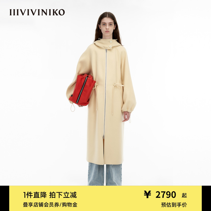 IIIVIVINIKO双面呢廓形连帽大衣
