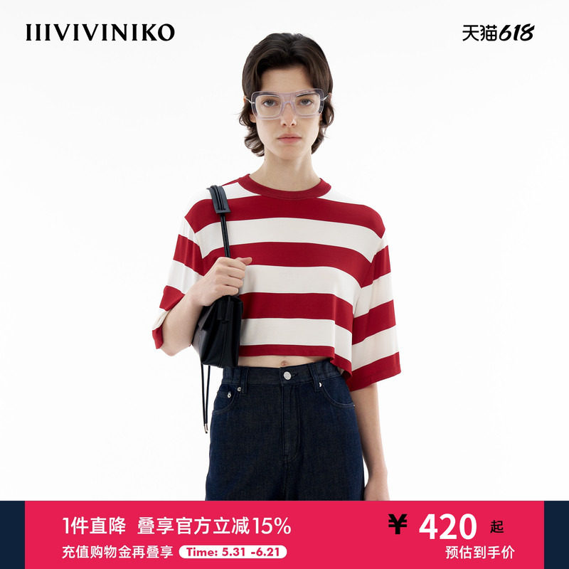 【进口人丝面料】IIIVIVINIKO夏季新款截短式合肩短袖T恤女