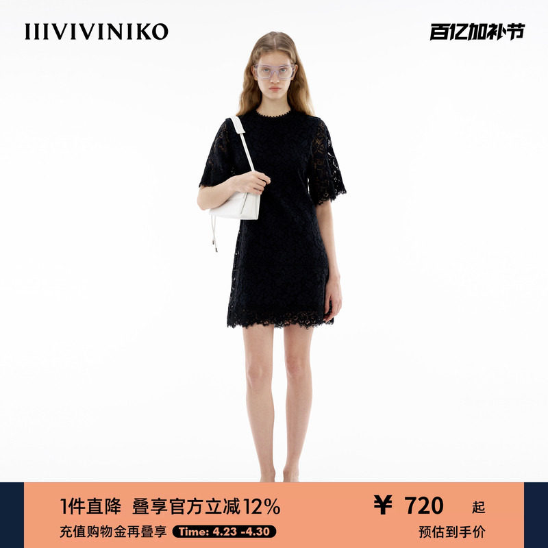 IIIVIVINIKO夏季新款A型蕾丝圆领修身连衣裙女M420627363E