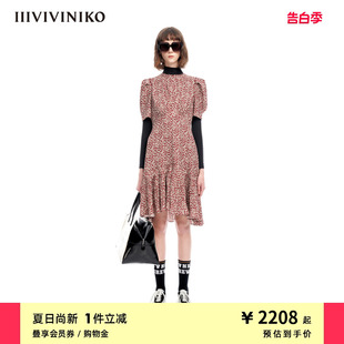 碎花连⾐裙女M320616128E 圆领⾼腰线泡泡袖 新品 IIIVIVINIKO夏季