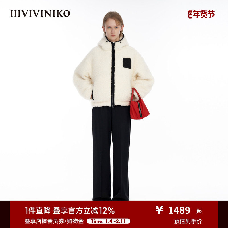IIIVIVINIKO时髦落肩连帽双面穿箱型毛呢大衣外套女M340312390D