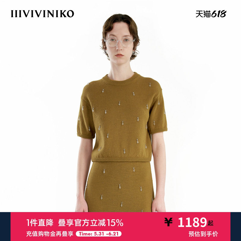 【手工钉珠】IIIVIVINIKO秋季新款羊毛宽松短袖针织套头衫女
